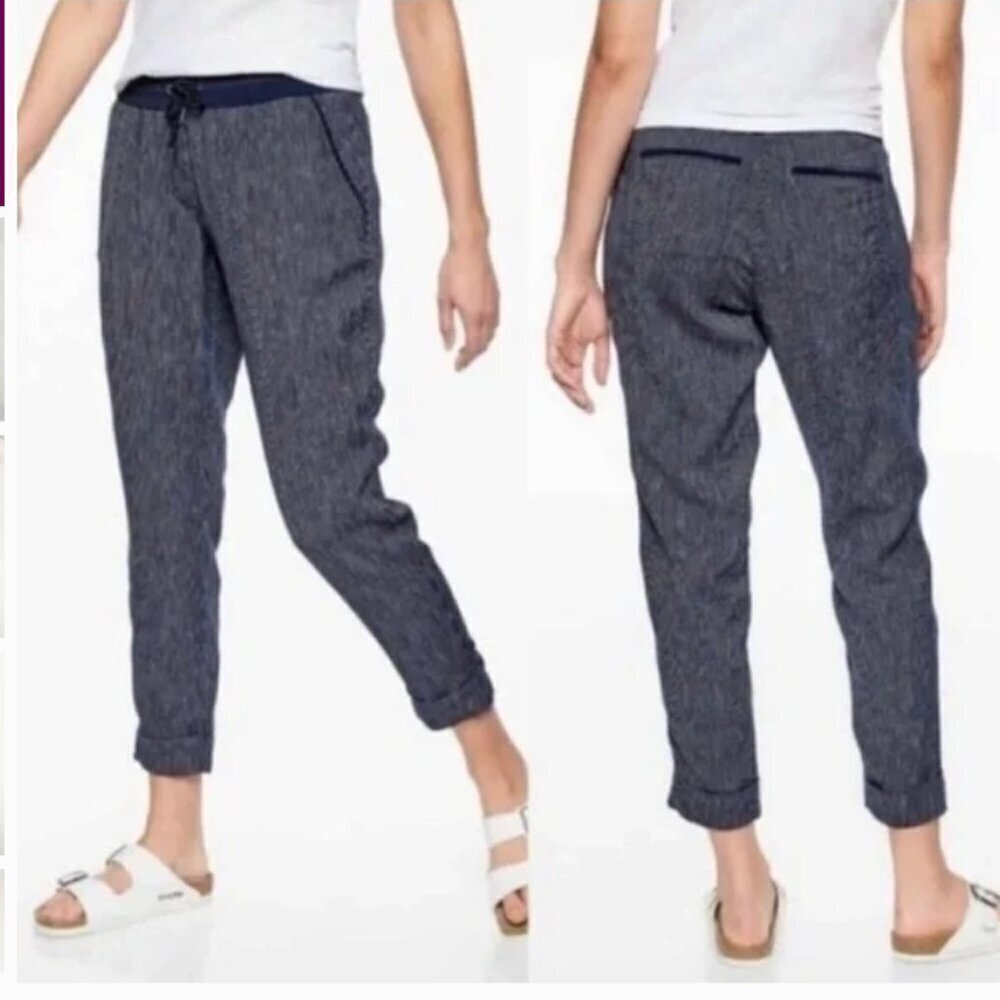 Athleta Stripe Bali Linen Ankle Pant Navy‎ Blue size 10